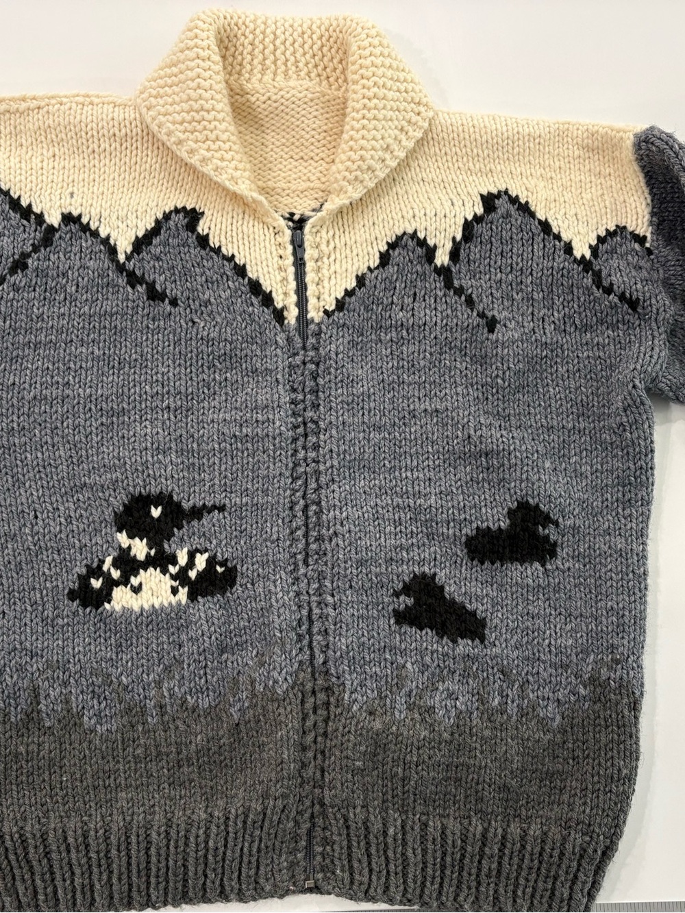 Hand-Knit Loon Cardigan Sweater Cottage core Canadiana Shawl Collar Oversized